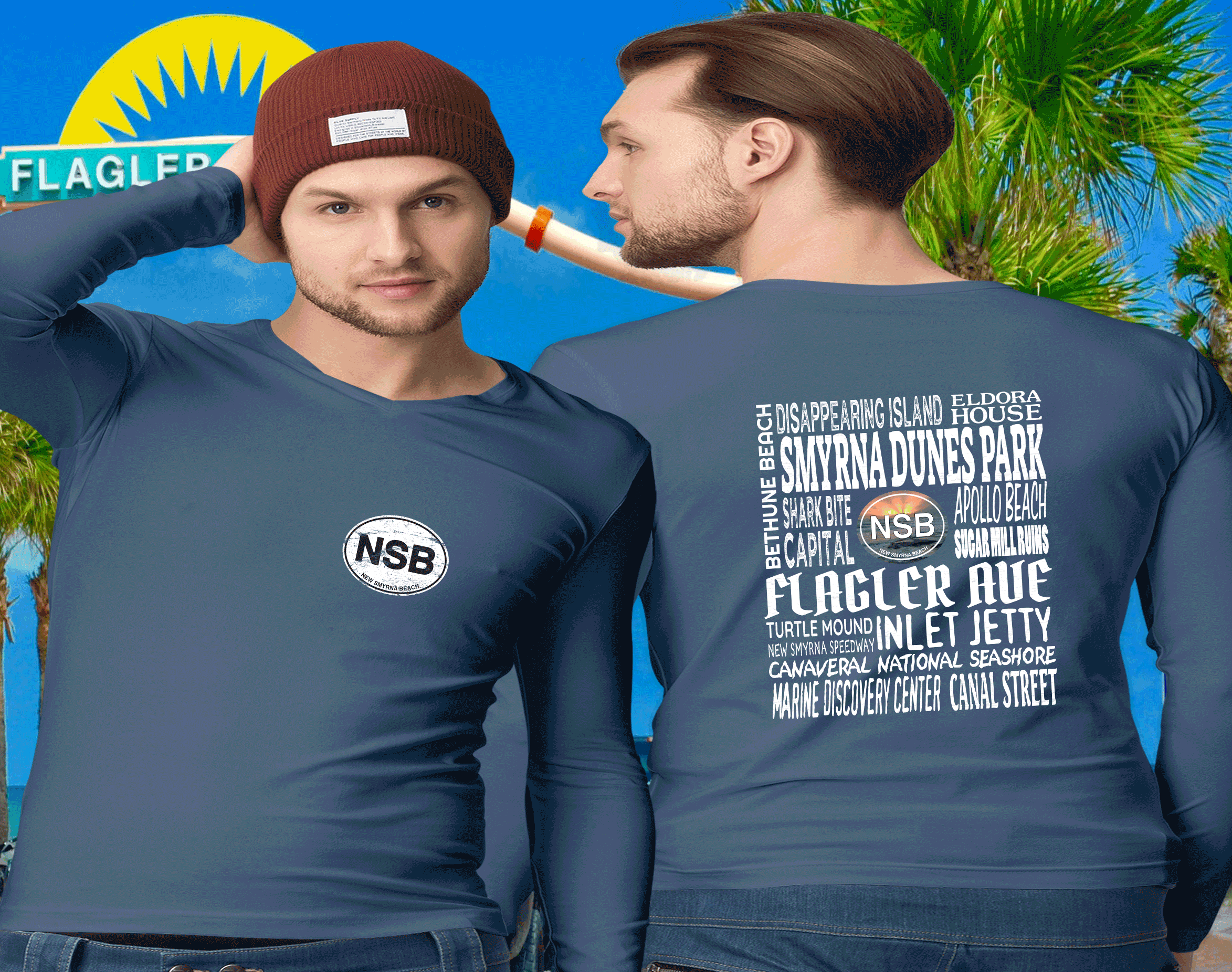 New Smyrna Beach Men's 2-Sided Long Sleeve T-Shirt Souvenir Gifts - My Destination Location